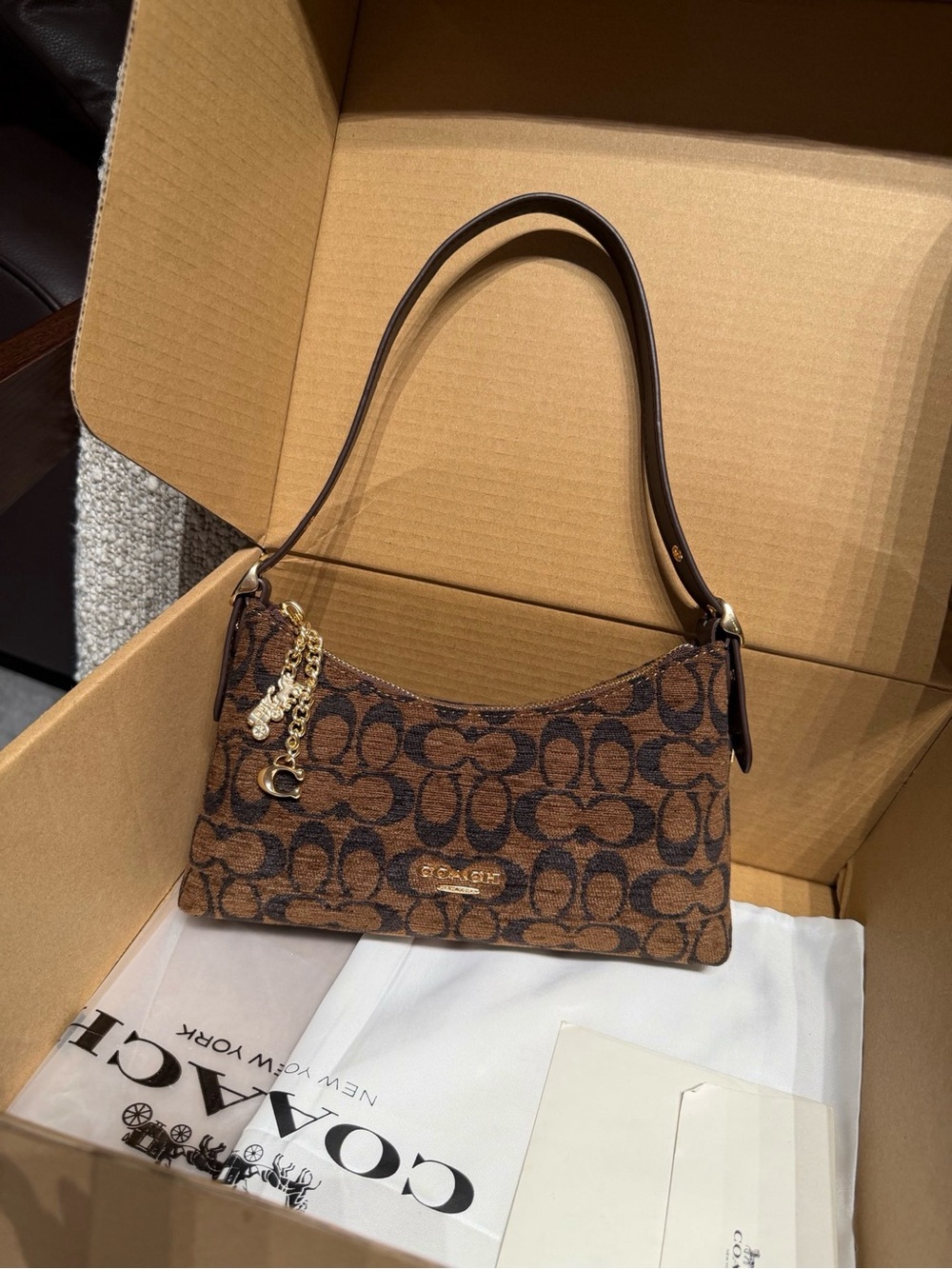 Coach Brown Signature Jacquard Shoulder Bag with Gold Charm